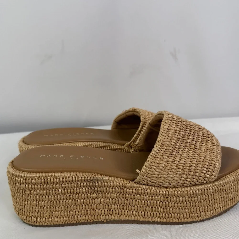 Marc Fisher LTD Daylin Woven Raffia Platform Slide Sandals Tan Womens 9.5 M